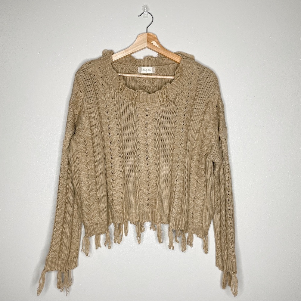 Altar’d State | Distressed Cable Knit‎ Tan Cropped Sweater